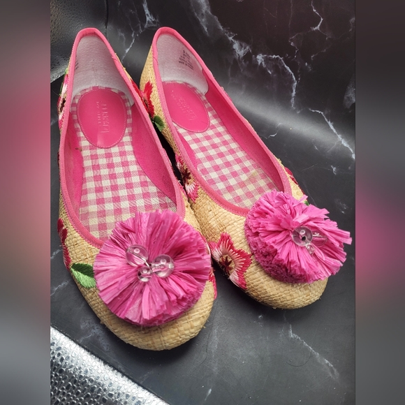EUC SPERRY beige raffia PINK FLOWER flats - Picture 1 of 6